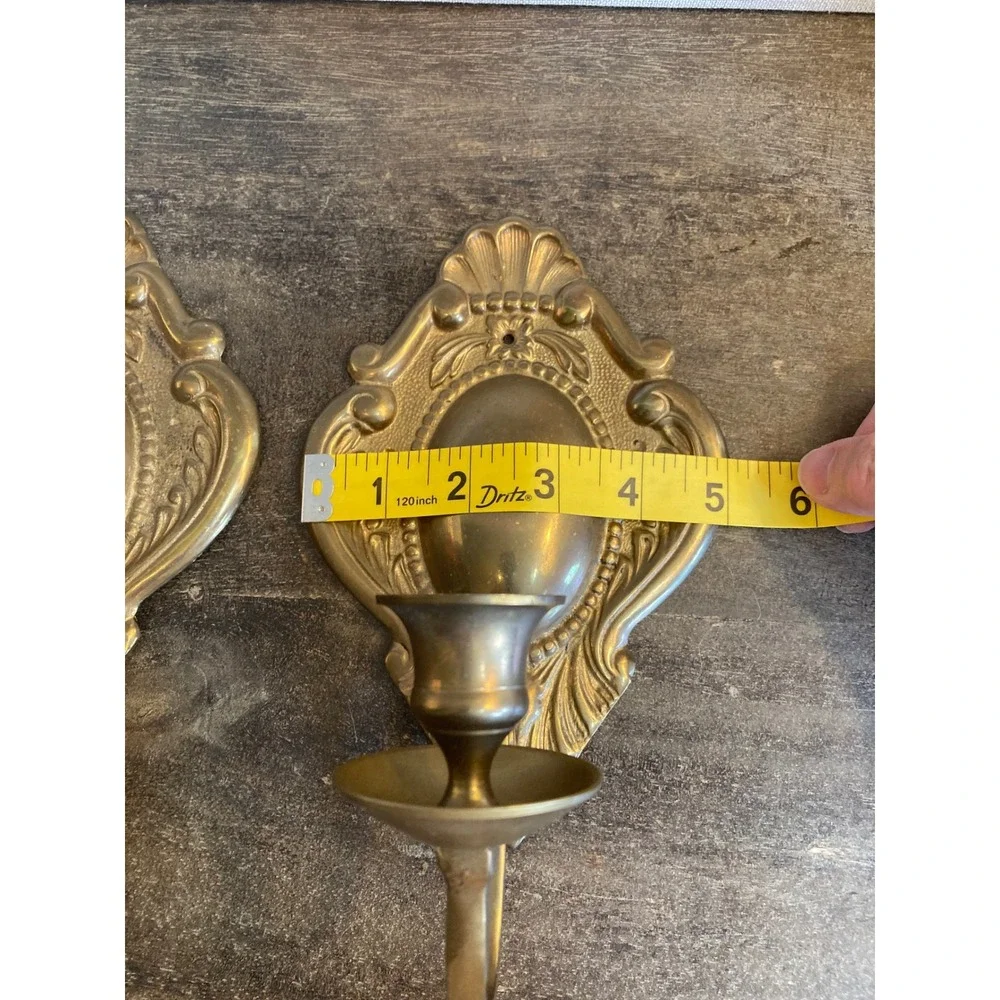 Vintage Ornate Solid Brass Wall Sconces Pair Rococo Shell Scroll Candle Holders